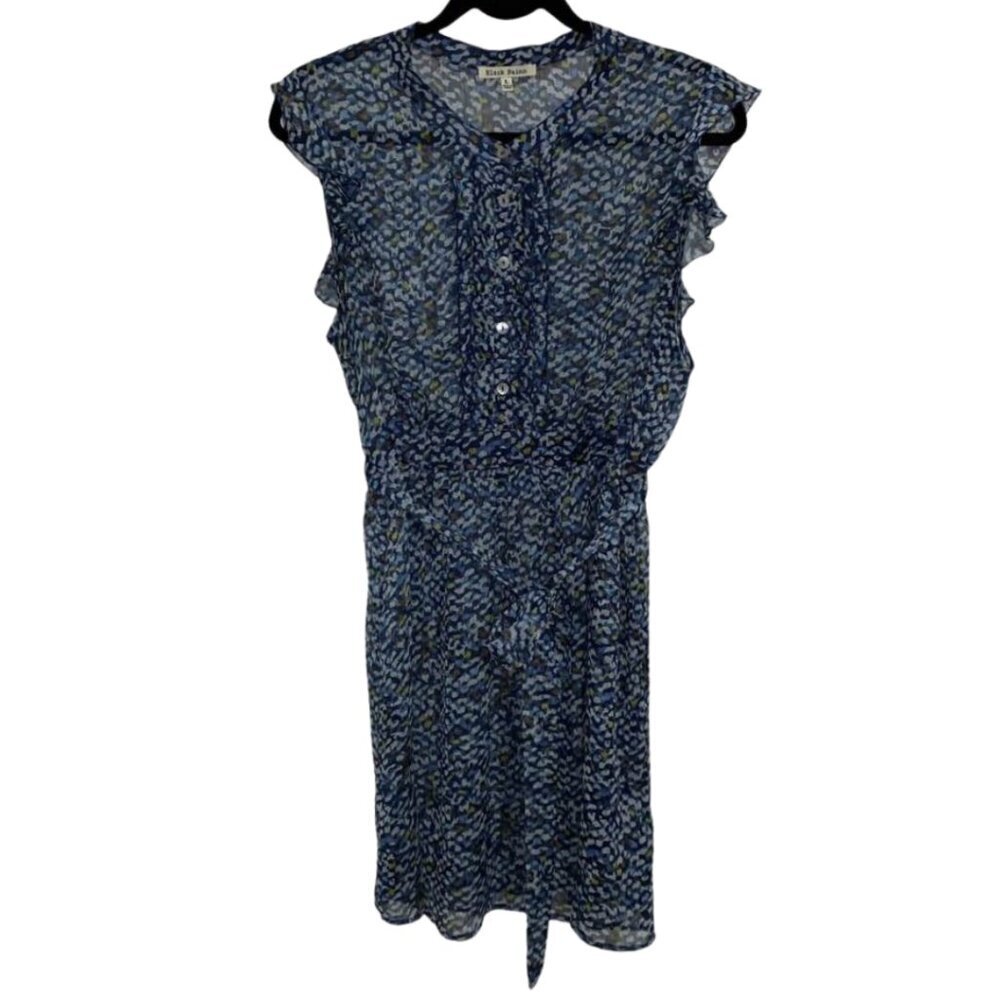Black Rainn Sleeveless Ruffle Sheer Button Elastic Waist Belted Dress